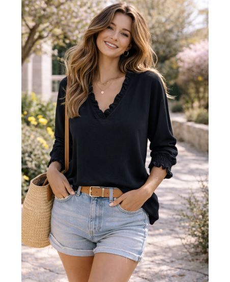 CAMICETTA OVERSIZE CON MANICHE ELASTICIZZATE PE2447 NERA