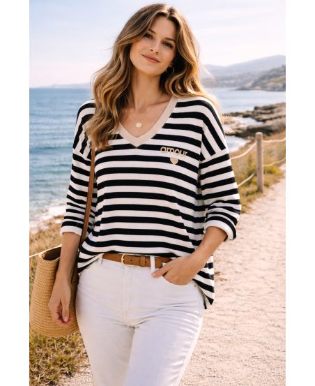 MAGLIONE A RIGHE D'AMORE PE2451 NERO