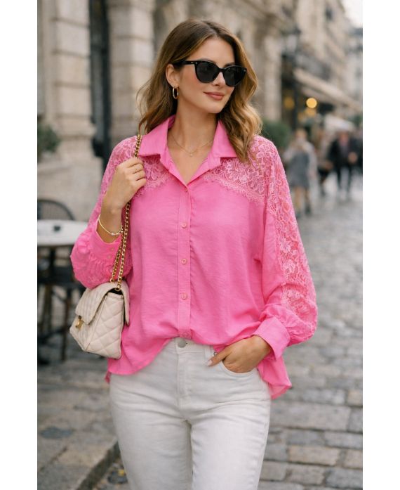 CAMISA DE ENCAJE FLUIDO PE2222 ROSA FUCHSIA