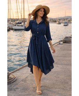 ASYMMETRISCHES KLEID + GÜRTEL PE2482 MARINEBLAU