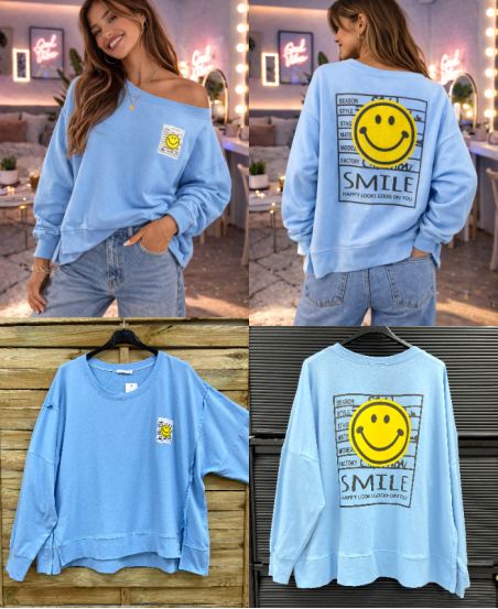 SWEAT-SHIRT DEVANT/DOS SMILE PE26743 BLEU CIEL