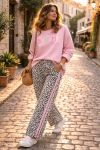PANTALON LARGE COTON LEOARD 2 BANDES PE2492 ROSE