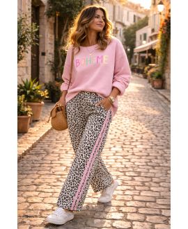 LEOARD 2-STRIPE COTTON WIDE-LEG TROUSERS PE2492 PINK