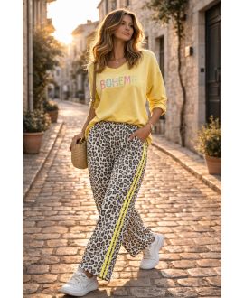 PANTALON LARGE COTON LEOARD 2 BANDES PE2492 JAUNE
