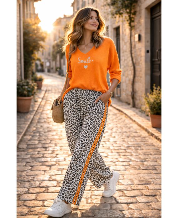 LEOARD 2-STRIPE COTTON WIDE LEG TROUSERS PE2492 ORANGE