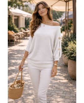 PULL MANCHES COURTES A BOUTONS PE26751 BLANC