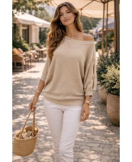 KURZÄRMELIGER PULLOVER MIT KNÖPFEN PE26751 BEIGE
