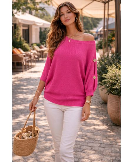 MAGLIONE A MANICHE CORTE CON BOTTONI PE26751 FUSHIA