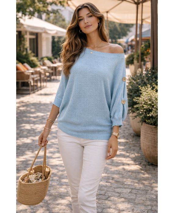PULL MANCHES COURTES A BOUTONS PE26751 BLEU CIEL