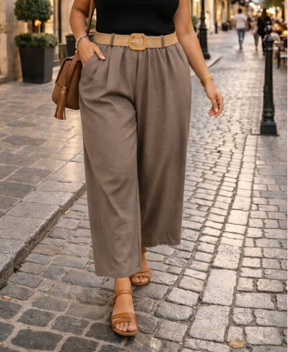 PLUS SIZE TROUSERS 2 POCKETS BELT PE26809 TAUPE