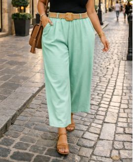 PANTALONES DE TALLA GRANDE, CINTURÓN DE 2 BOLSILLOS PE26809 VERDE PASTEL