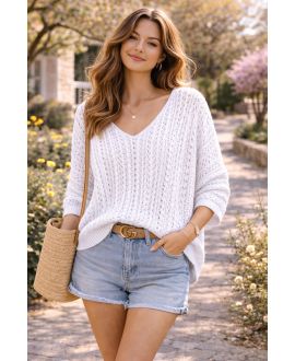 SWETER W STYLU SZYDEŁKOWYM PE26802 BIAŁY