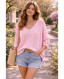 PINK PE26802 CROCHET STYLE SWEATER