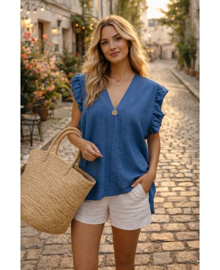 CAMICETTA LARGA CON VOLANT PE26817 JEANS BLU