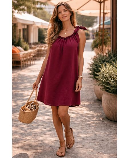 SHOULDER TIE DRESS PE5182 BURGUNDY