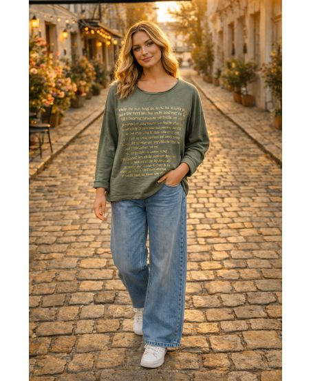 T-SHIRT AUS ZWEI MATERIALIEN MIT GOLDENER SCHRIFT PE0798 KAKI