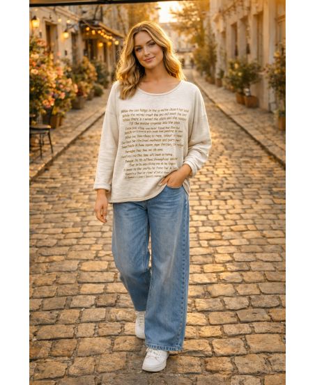 T-SHIRT BIMATERIALE CON SCRITTA ORO PE0798 BEIGE