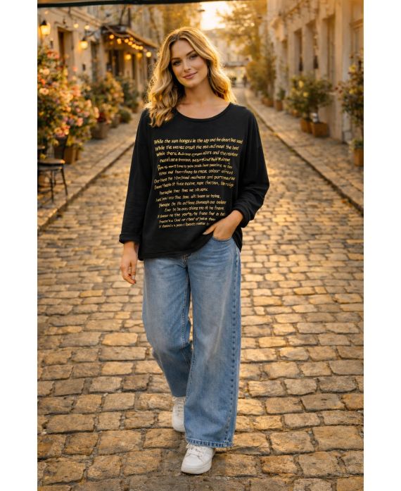 T-SHIRT BI-MATERIALE SCRITTA ORO PE0798 NERA