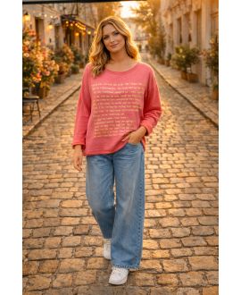 T-SHIRT BIMATERIALE CON SCRITTA ORO PE0798 CORALLO