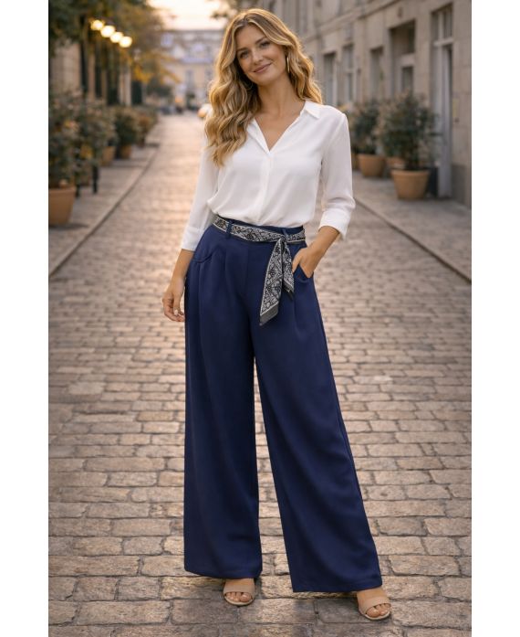 PANTALON CEINTURE FOULARD PE26841 BLEU MARINE