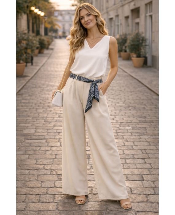 PANTALON CEINTURE FOULARD PE26841 BEIGE