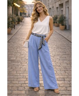 PANTALON CEINTURE FOULARD PE26841 BLEU JEANS