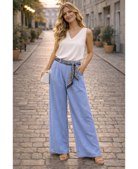 PANTALON CEINTURE FOULARD PE26841 BLEU JEANS