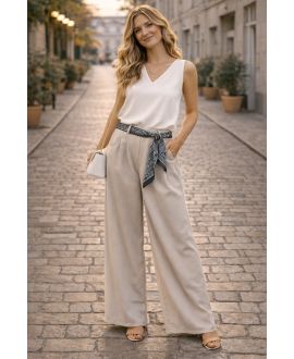 PANTALON CEINTURE FOULARD PE26841 TAUPE