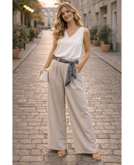 PANTALON CEINTURE FOULARD PE26841 TAUPE