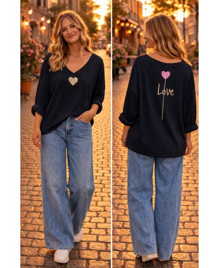 LIGHTWEIGHT SWEATER WITH DOUBLE PRINT PE26857 BLACK