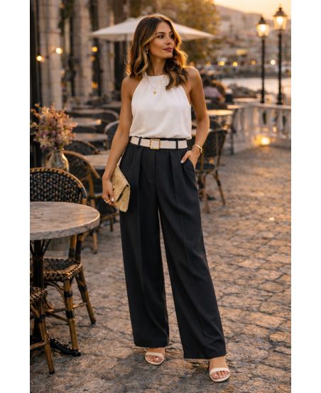 FLOWING TROUSERS WITH BLACK PE26883 WAISTBAND