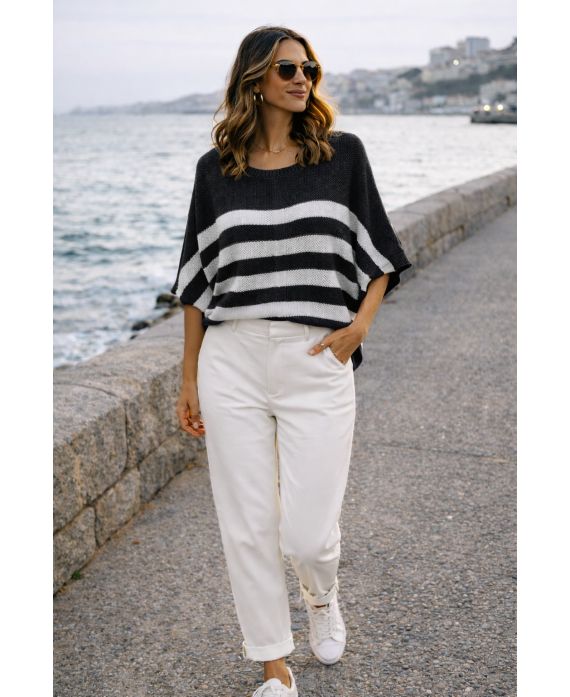 CHIC PE260528 SCHWARZER STREIFENPULLOVER