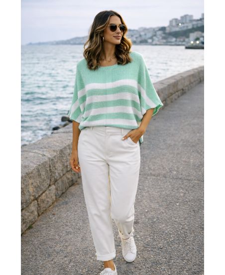 CHIC GESTREIFT PE260528 PASTELLGRÜNEN PULLOVER