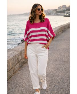 CHIC PE260528 FUSHIA STRIPE SWEATER