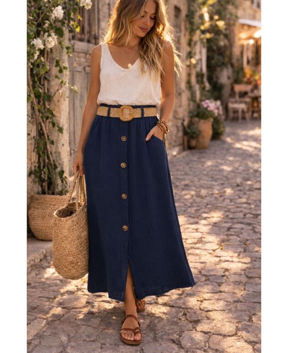 JUPE GAZE DE COTTON 2 POCHES + CEINTURE PE260520 BLEU MARINE