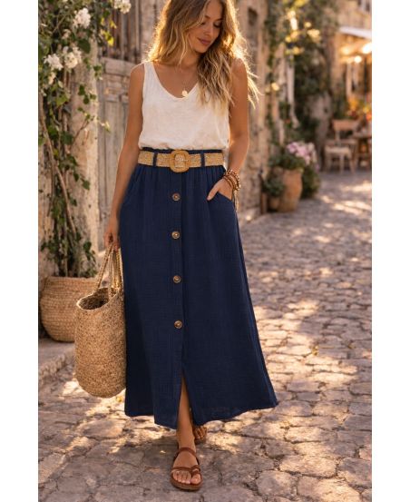 GONNA IN GARZA DI COTONE A 2 TASCHE + CINTURA PE260520 BLU NAVY