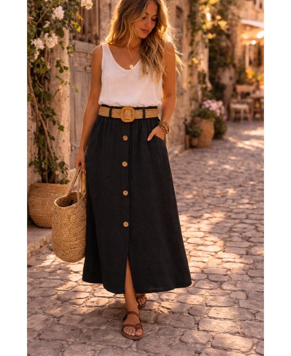 2-POCKET COTTON GAUZE SKIRT + BLACK PE260520 BELT