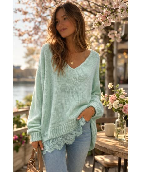 MAGLIONE OVERSIZE MORBIDO CON BASE IN PIZZO PE2244 VERDE PASTELLO