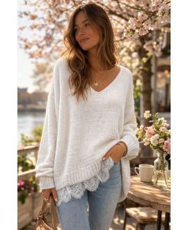 PULLOVER DOUX OVERSIZE BASE DENTELLE PE2244 BLANC