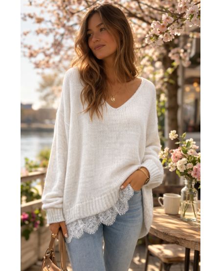 MAGLIONE OVERSIZE MORBIDO CON BASE IN PIZZO PE2244 BIANCO