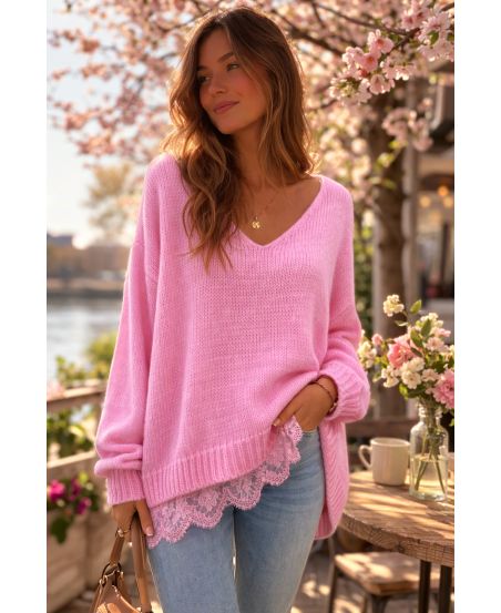 WEICHER OVERSIZED PULLOVER MIT SPITZENBASIS PE2244 PINK