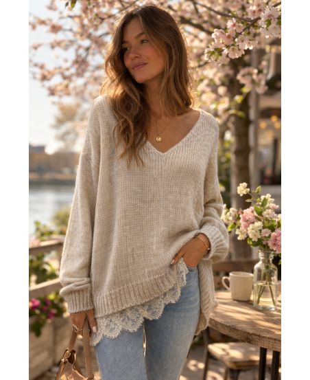 WEICHER OVERSIZED PULLOVER MIT SPITZENBASIS PE2244 BEIGE