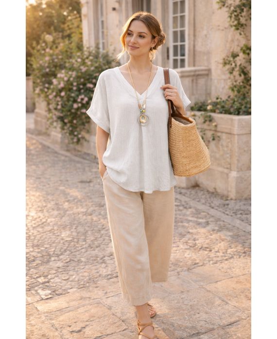 TOP FLUIDE TEXTURE AVEC COLLIER PE260568 BLANC