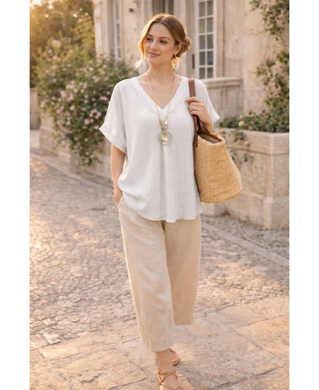 TOP FLUIDO TEXTURIZADO CON COLLAR PE260568 BLANCO