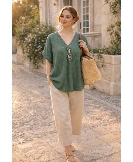 TOP FLUIDO TEXTURIZADO CON COLLAR PE260568 CAQUI