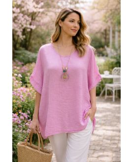 LOOSE EMBOSSED TUNIC WITH PE260547 FUCHSIA NECKLACE