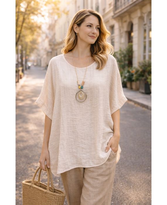 TÚNICA HOLGADA CON RELIEVE Y COLLAR PE260547 BEGE