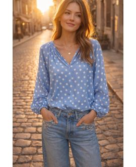 BLUSA CON ESTAMPADO DE LUNARES SS2095 AZUL CIELO