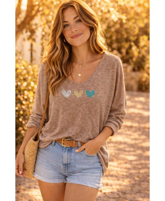 PULL LEGER COEUR PE2121 TAUPE