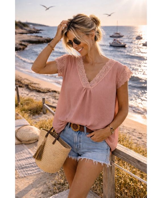 CAMISOLA SOBREDIMENSIONADA DE ENCAJE PE2463 ROSA POLVORIENTO